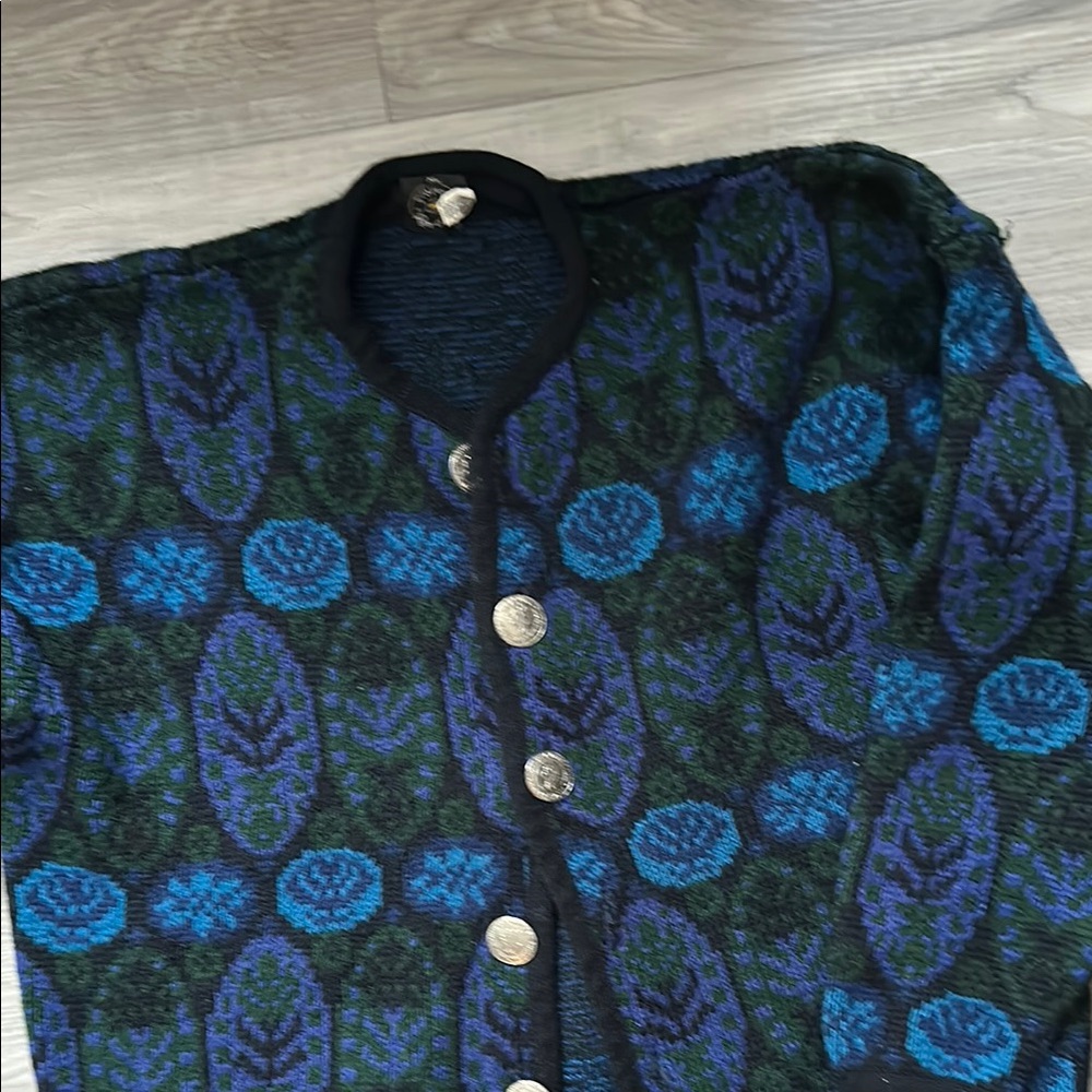 Vintage Norvyk by Ren-Dale Knit Virgin Wool Cardigan with Blue and Green Pattern - Picture 2 of 11